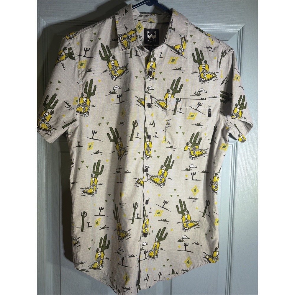WXYZ Mens Skeleton Cactus Button Up Shirt Grey Short Sleeve Graphic Casual Small